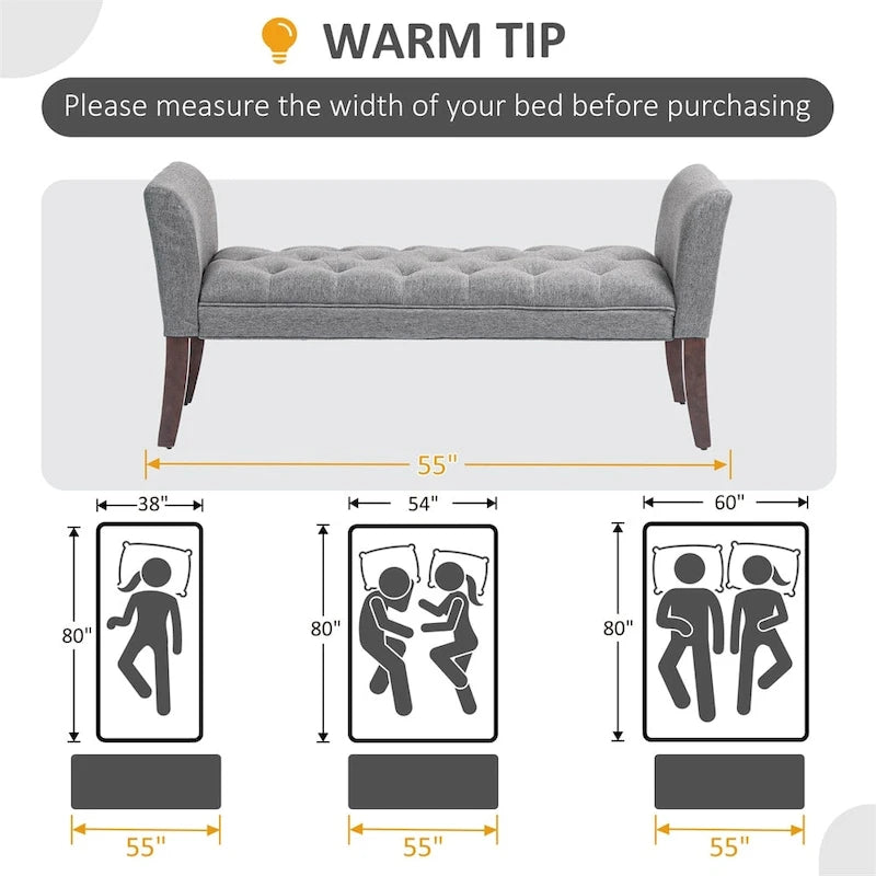 Banc de bout de lit avec capitonnage à boutons, banc d'entrée rembourré