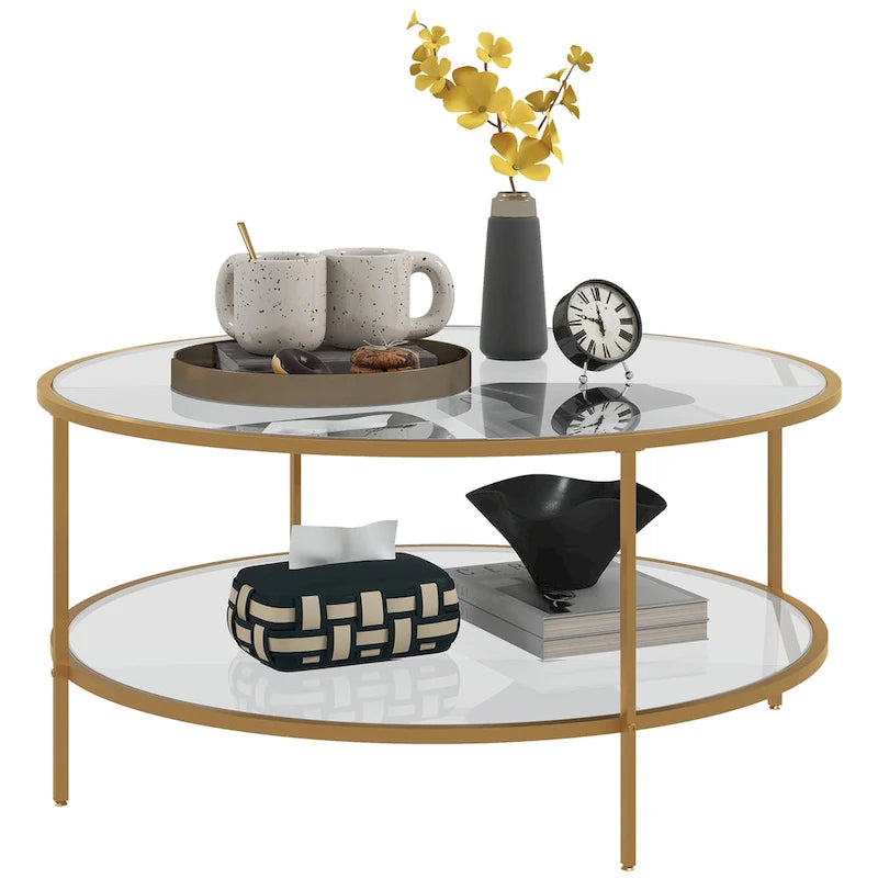 Side Table with Storage, 36 Round End Table, 2-Tier Tempered Glass Coffee Table with Steel Frame for Living Room, Gold