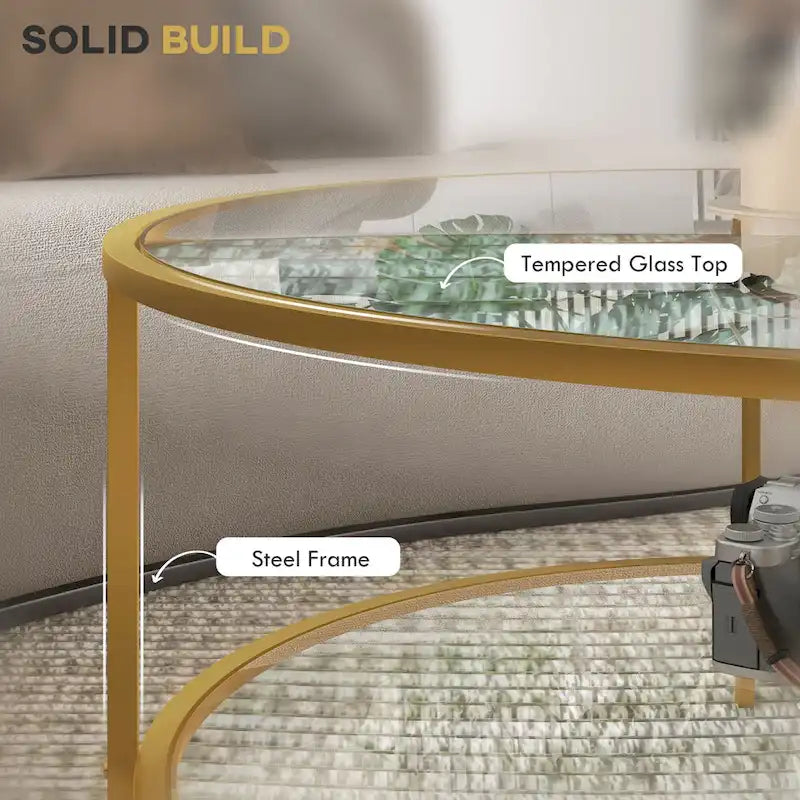 Table d'appoint avec rangement, table d'appoint ronde de 91 cm, table basse en verre trempé à 2 niveaux avec cadre en acier pour le salon, doré