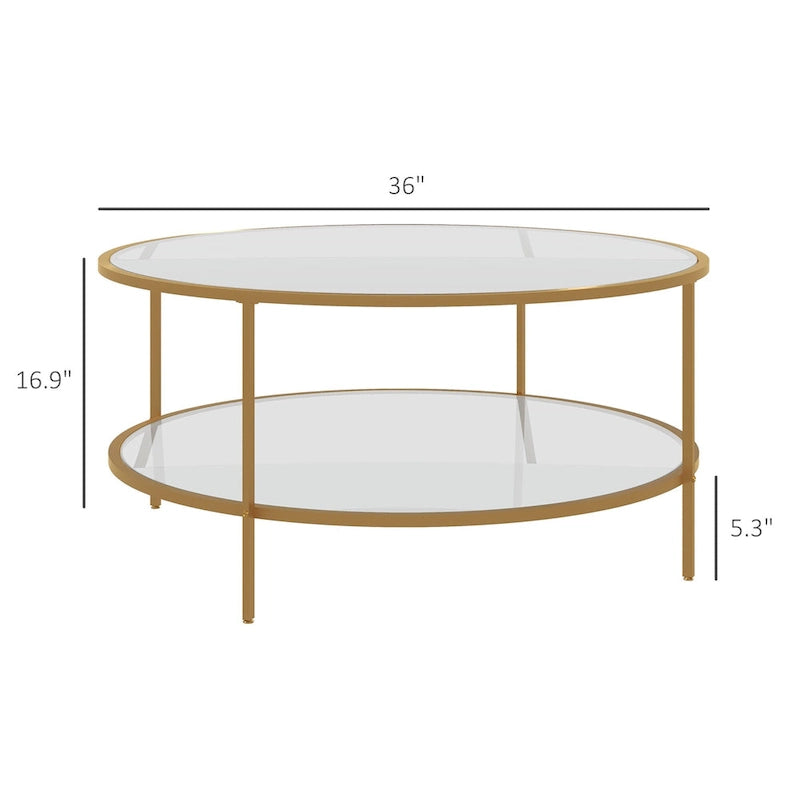 Table d'appoint avec rangement, table d'appoint ronde de 91 cm, table basse en verre trempé à 2 niveaux avec cadre en acier pour le salon, doré