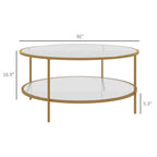 Table d'appoint avec rangement, table d'appoint ronde de 91 cm, table basse en verre trempé à 2 niveaux avec cadre en acier pour le salon, doré