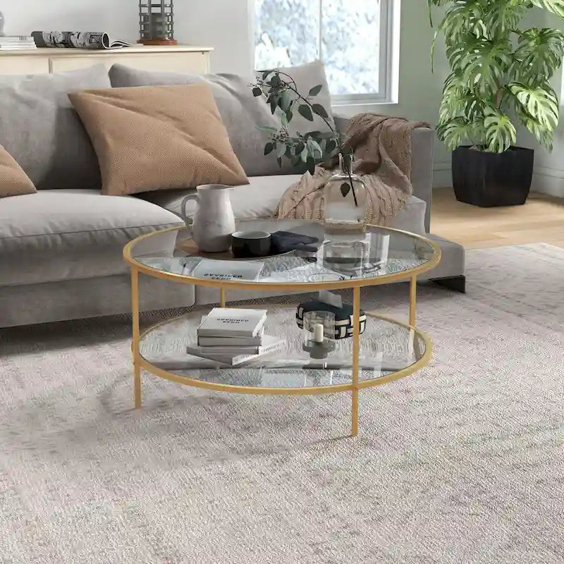 Table d'appoint avec rangement, table d'appoint ronde de 91 cm, table basse en verre trempé à 2 niveaux avec cadre en acier pour le salon, doré