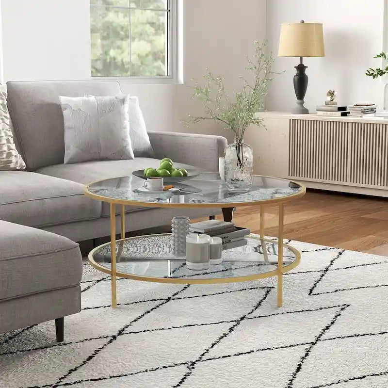 Table d'appoint avec rangement, table d'appoint ronde de 91 cm, table basse en verre trempé à 2 niveaux avec cadre en acier pour le salon, doré