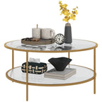 Table d'appoint avec rangement, table d'appoint ronde de 91 cm, table basse en verre trempé à 2 niveaux avec cadre en acier pour le salon, doré