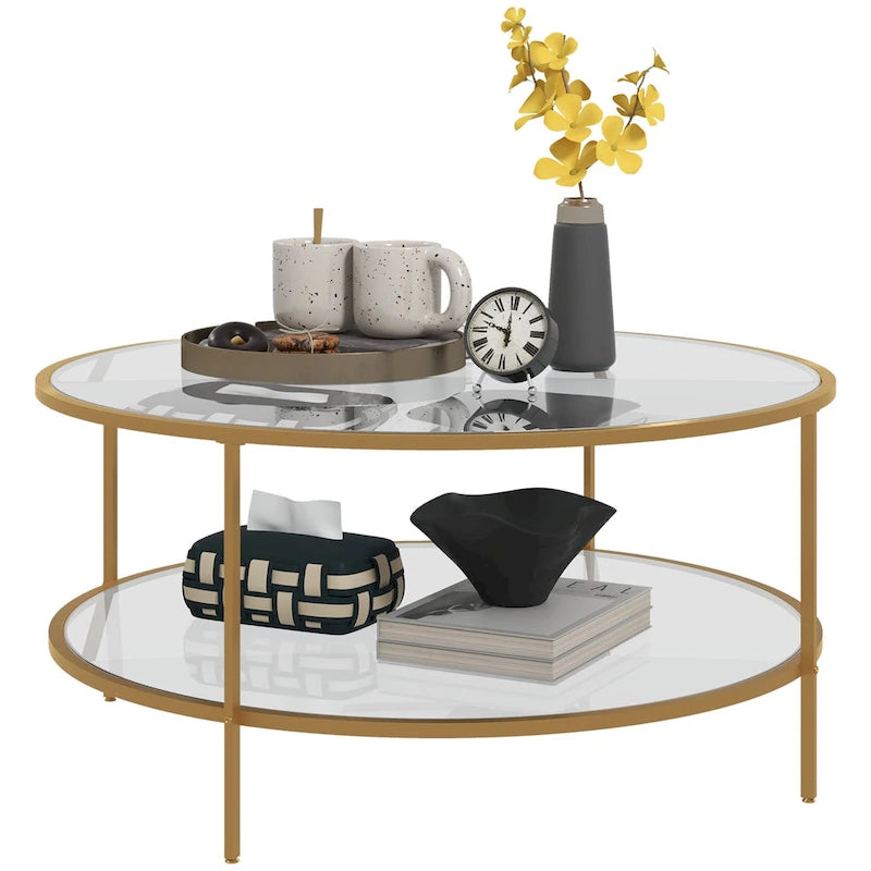 Table d'appoint avec rangement, table d'appoint ronde de 91 cm, table basse en verre trempé à 2 niveaux avec cadre en acier pour le salon, doré