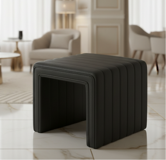 Pouf repose-pieds, capitonné en similicuir noir, 48 cm