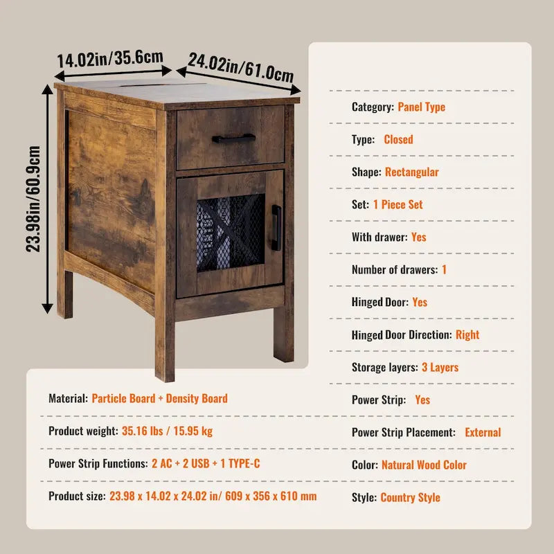 Table d'appoint en panneaux de particules de bois naturel avec tiroir et multiprise - 23,98 L x 14,02 l x 24,02 H