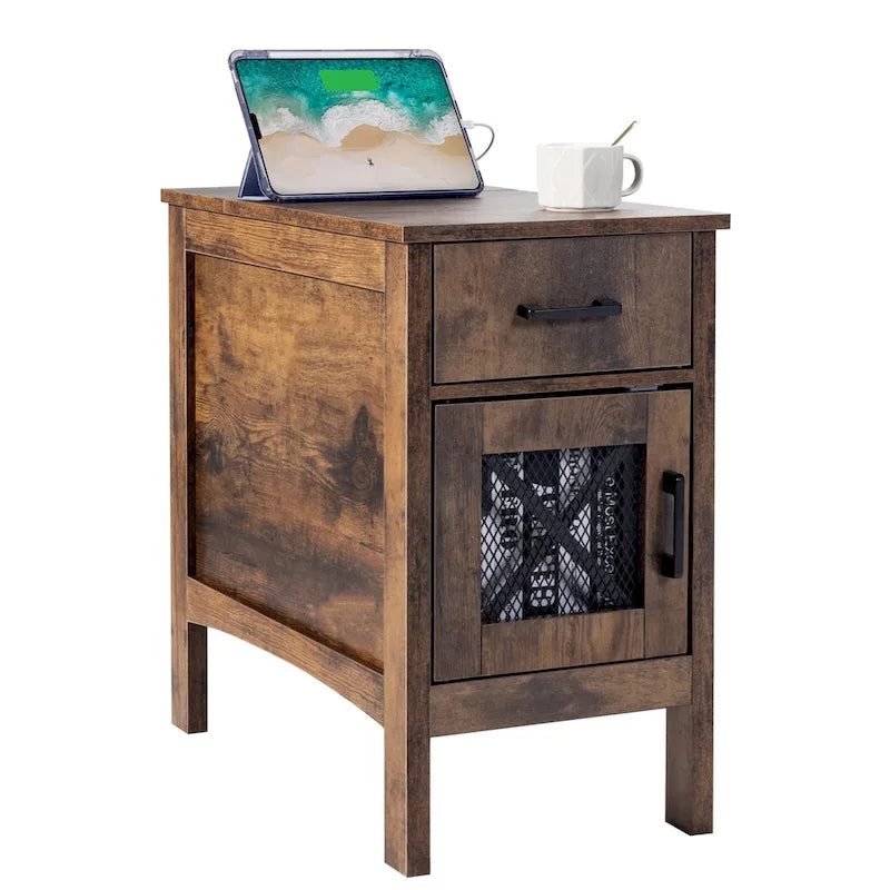 Table d'appoint en panneaux de particules de bois naturel avec tiroir et multiprise - 23,98 L x 14,02 l x 24,02 H