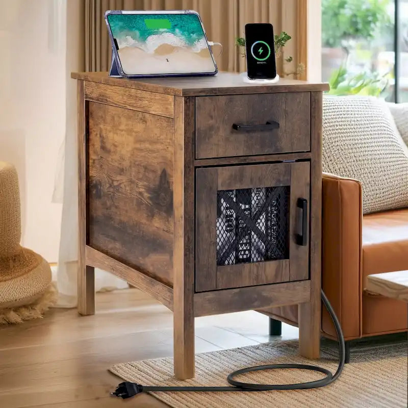 Table d'appoint en panneaux de particules de bois naturel avec tiroir et multiprise - 23,98 L x 14,02 l x 24,02 H