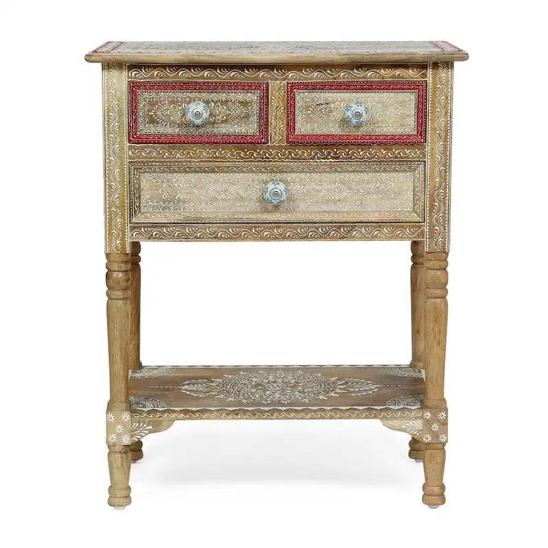23,75 Table d'appoint moderne en bois avec trois tiroirs et une étagère inférieure ouverte pour salon ou chambre à coucher