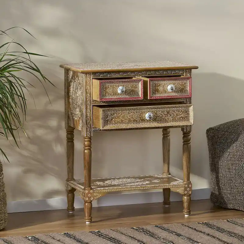 23,75 Table d'appoint moderne en bois avec trois tiroirs et une étagère inférieure ouverte pour salon ou chambre à coucher