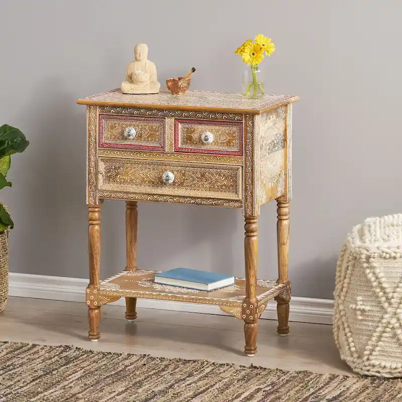 23,75 Table d'appoint moderne en bois avec trois tiroirs et une étagère inférieure ouverte pour salon ou chambre à coucher