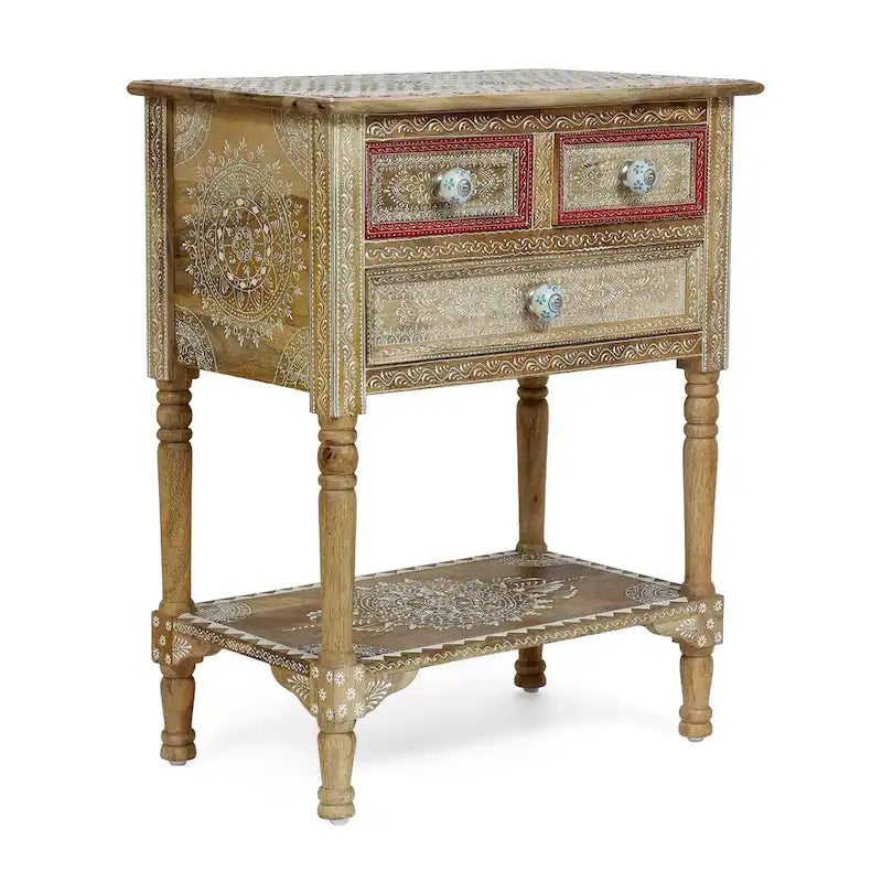 23,75 Table d'appoint moderne en bois avec trois tiroirs et une étagère inférieure ouverte pour salon ou chambre à coucher