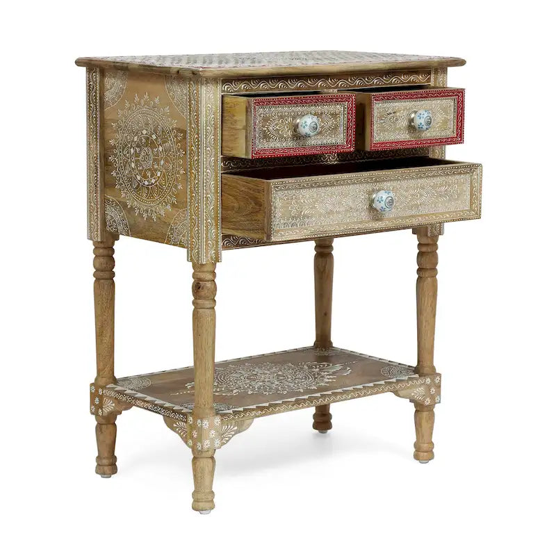 23,75 Table d'appoint moderne en bois avec trois tiroirs et une étagère inférieure ouverte pour salon ou chambre à coucher