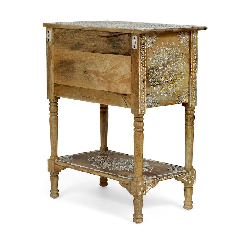 23,75 Table d'appoint moderne en bois avec trois tiroirs et une étagère inférieure ouverte pour salon ou chambre à coucher