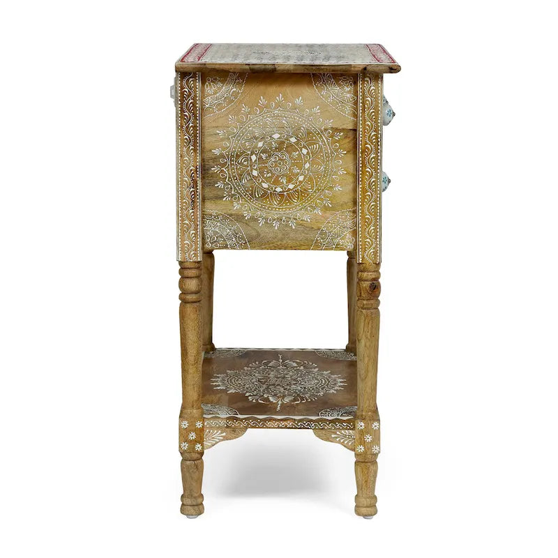 23,75 Table d'appoint moderne en bois avec trois tiroirs et une étagère inférieure ouverte pour salon ou chambre à coucher