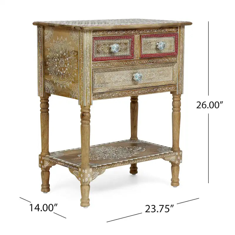 23,75 Table d'appoint moderne en bois avec trois tiroirs et une étagère inférieure ouverte pour salon ou chambre à coucher