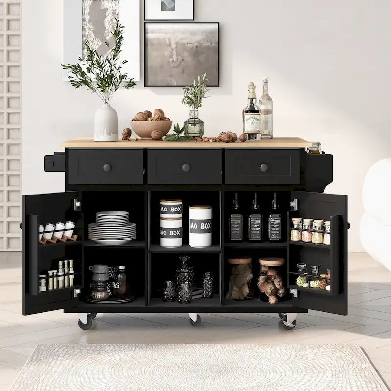Desserte de cuisine sur 5 roulettes, meuble bar de petit-déjeuner, îlot de cuisine roulant avec abattant, 3 tiroirs et étagères amovibles