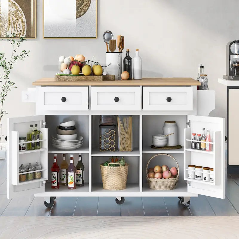Desserte de cuisine sur 5 roulettes, meuble bar de petit-déjeuner, îlot de cuisine roulant avec abattant, 3 tiroirs et étagères amovibles