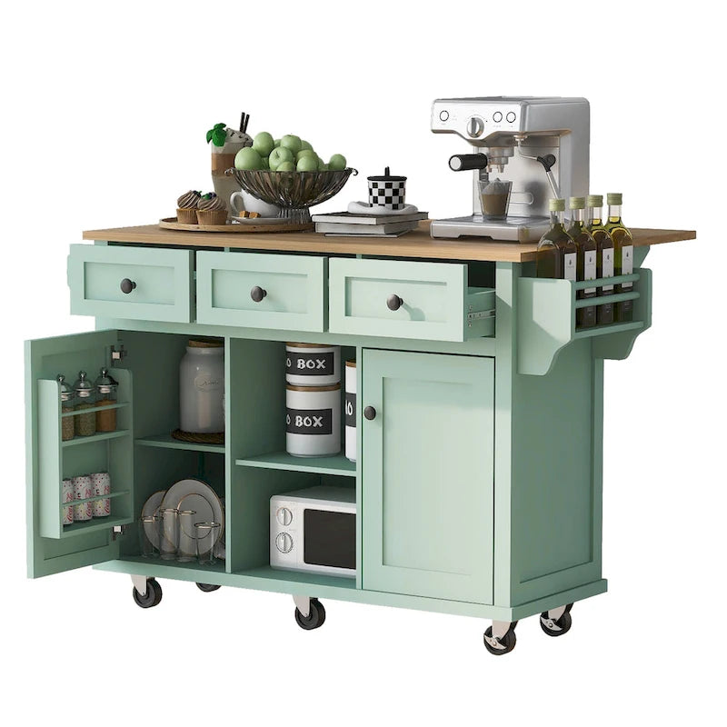 Desserte de cuisine sur 5 roulettes, meuble bar de petit-déjeuner, îlot de cuisine roulant avec abattant, 3 tiroirs et étagères amovibles