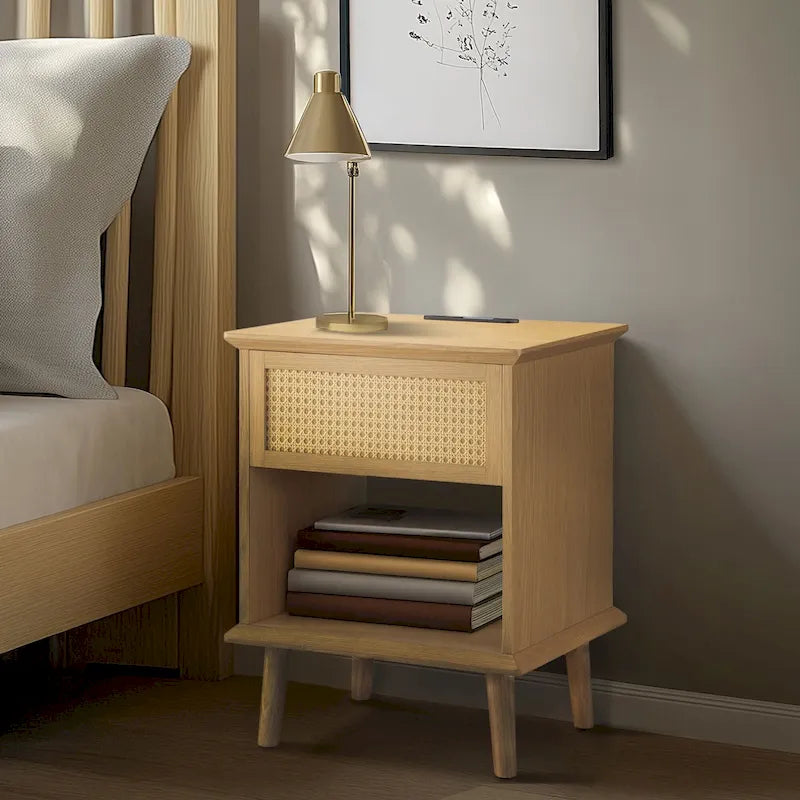 Table d'appoint en rotin avec tiroir de rangement, station de charge et lumière tactile LED - 15,25x23,75