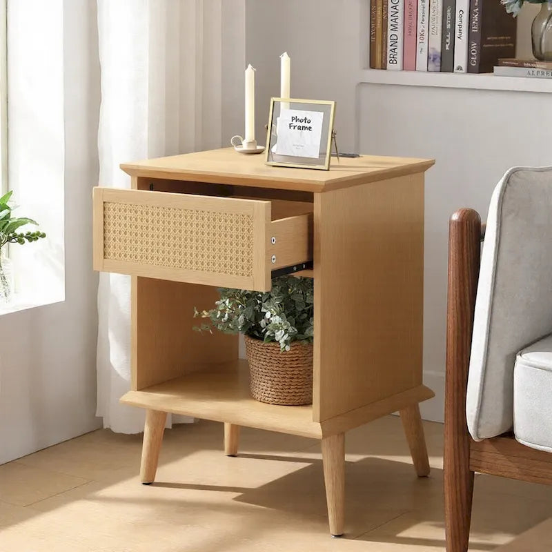 Table d'appoint en rotin avec tiroir de rangement, station de charge et lumière tactile LED - 15,25x23,75