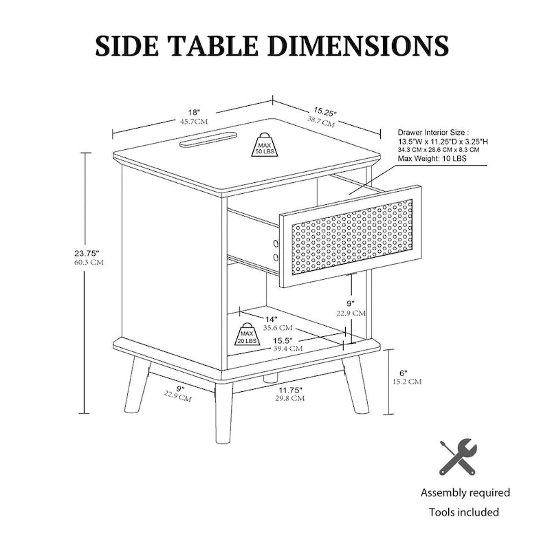Table d'appoint en rotin avec tiroir de rangement, station de charge et lumière tactile LED - 15,25x23,75