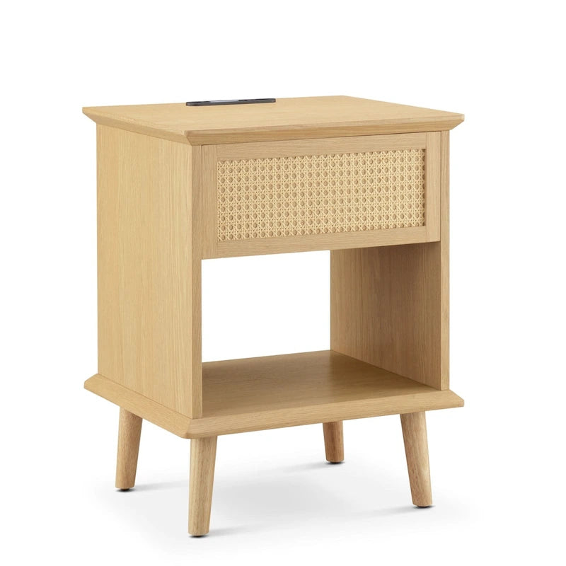 Table d'appoint en rotin avec tiroir de rangement, station de charge et lumière tactile LED - 15,25x23,75