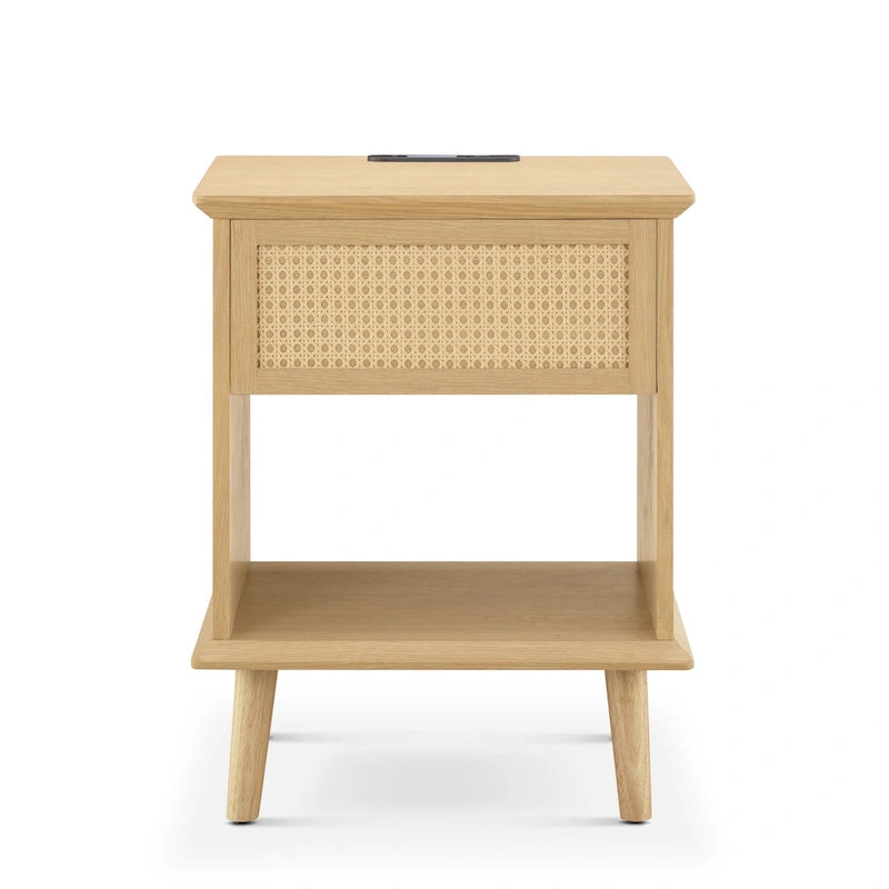 Table d'appoint en rotin avec tiroir de rangement, station de charge et lumière tactile LED - 15,25x23,75