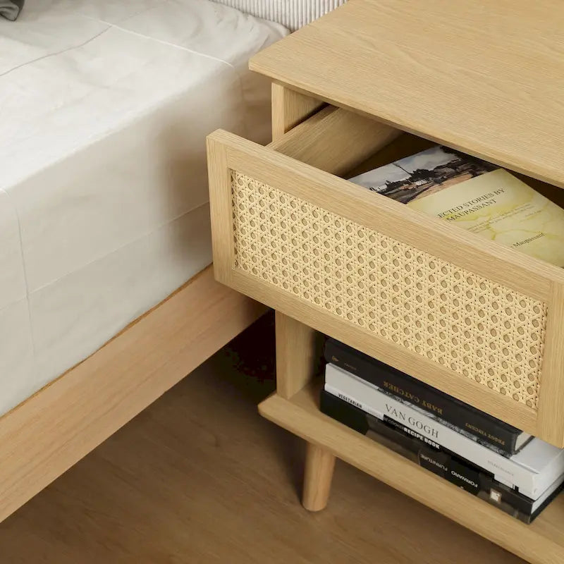 Table d'appoint en rotin avec tiroir de rangement, station de charge et lumière tactile LED - 15,25x23,75