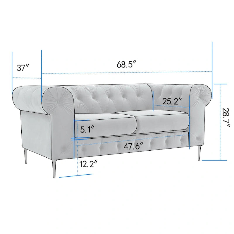 Causeuse Chesterfield en velours touffeté avec accoudoirs roulés