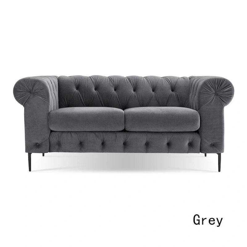 Causeuse Chesterfield en velours touffeté avec accoudoirs roulés