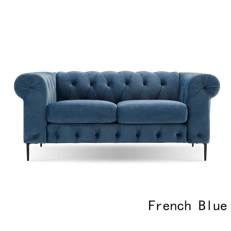 Causeuse Chesterfield en velours touffeté avec accoudoirs roulés