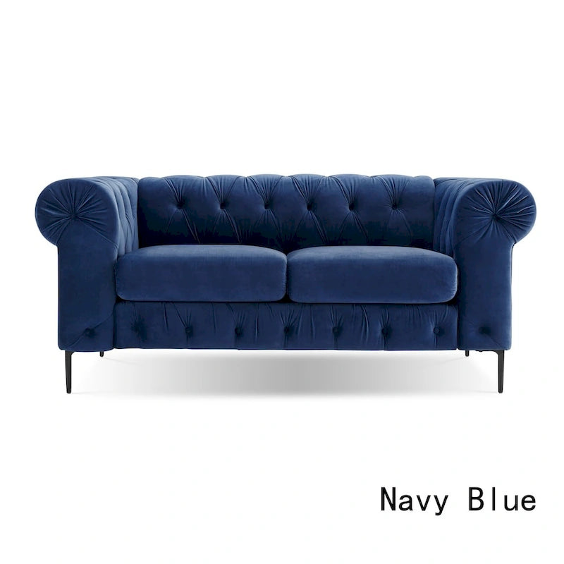 Causeuse Chesterfield en velours touffeté avec accoudoirs roulés