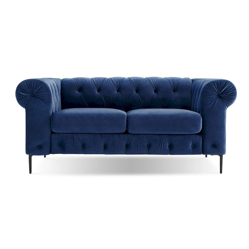 Causeuse Chesterfield en velours touffeté avec accoudoirs roulés