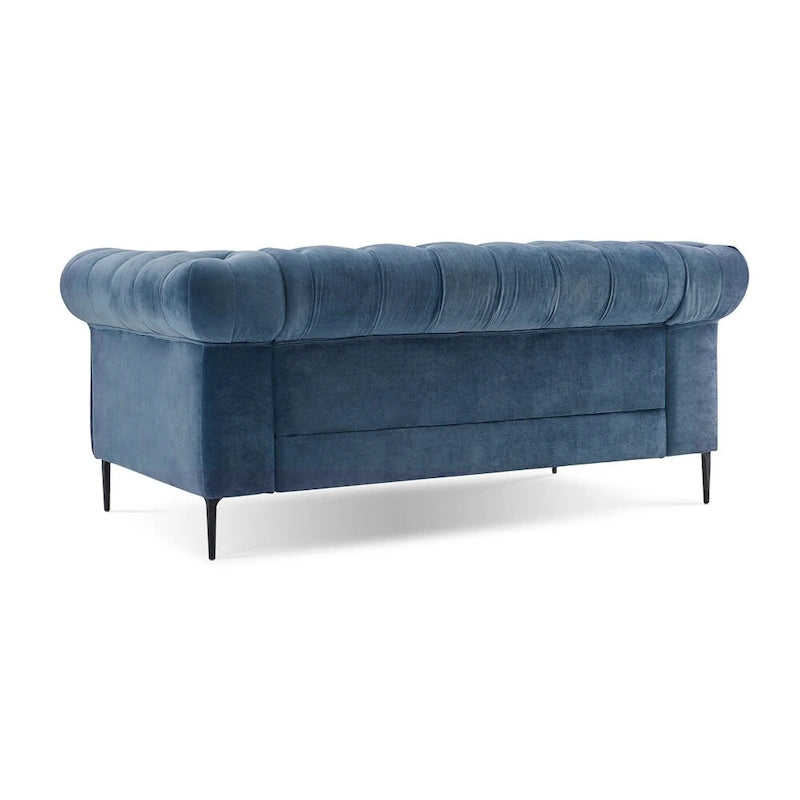 Causeuse Chesterfield en velours touffeté avec accoudoirs roulés