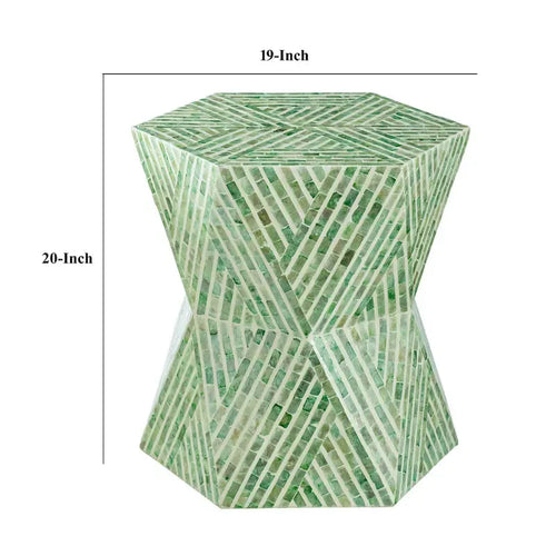 Table basse de 20 pouces, incrustation de coquillages Capiz, motif géométrique hexagonal, vert