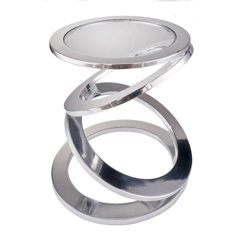 Table d'appoint abstraite ronde 17 en verre transparent et aluminium argenté