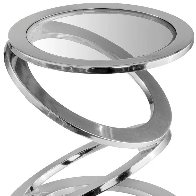 Table d'appoint abstraite ronde 17 en verre transparent et aluminium argenté