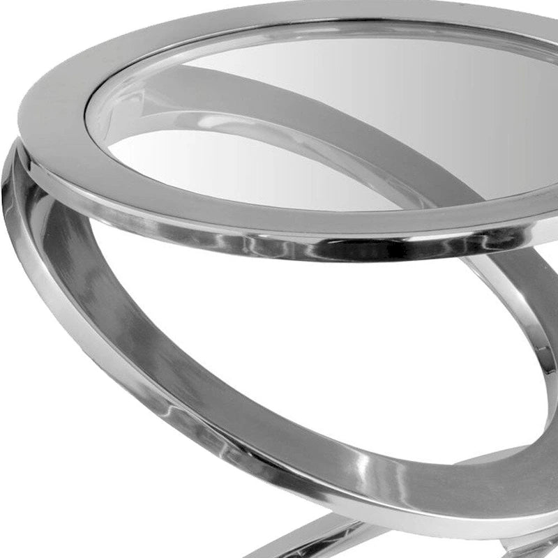 Table d'appoint abstraite ronde 17 en verre transparent et aluminium argenté