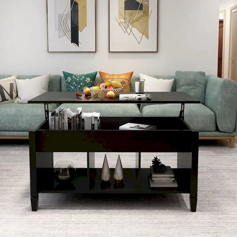 Table basse relevable noire avec rangement dissimulé et design moderne pour salon