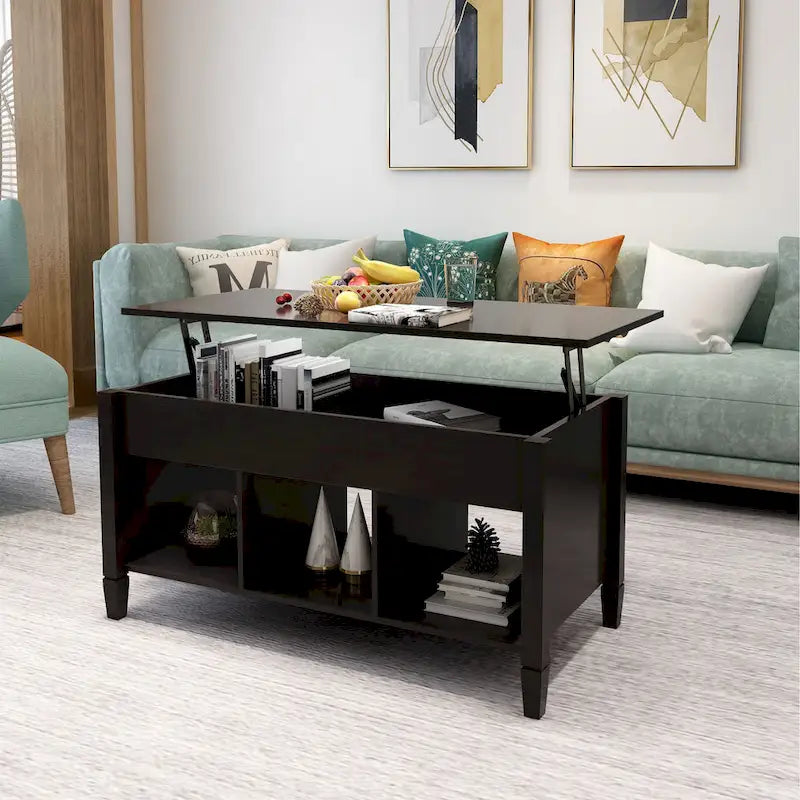 Table basse relevable noire avec rangement dissimulé et design moderne pour salon
