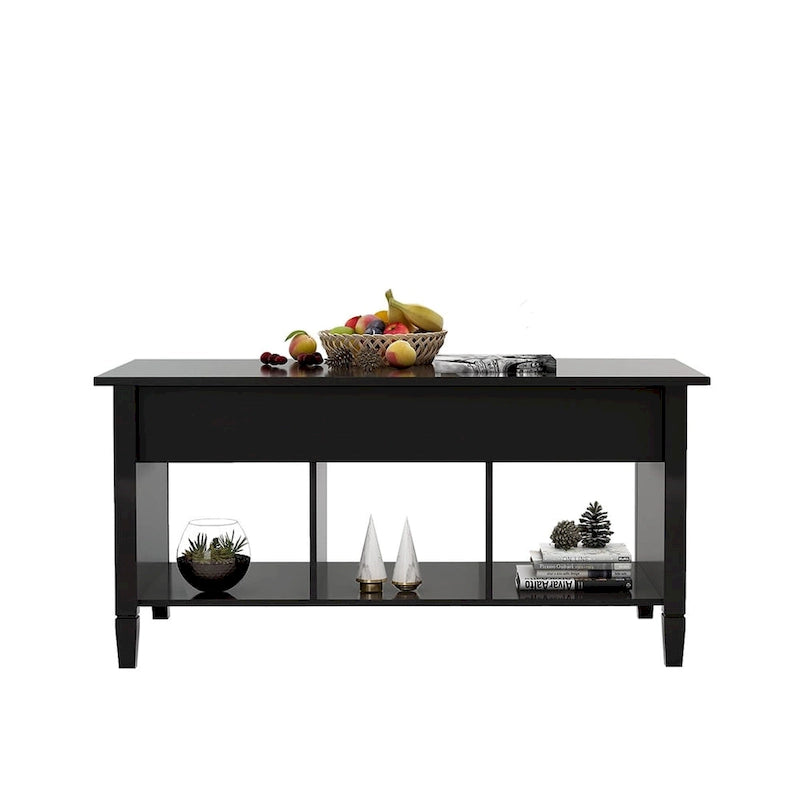 Table basse relevable noire avec rangement dissimulé et design moderne pour salon