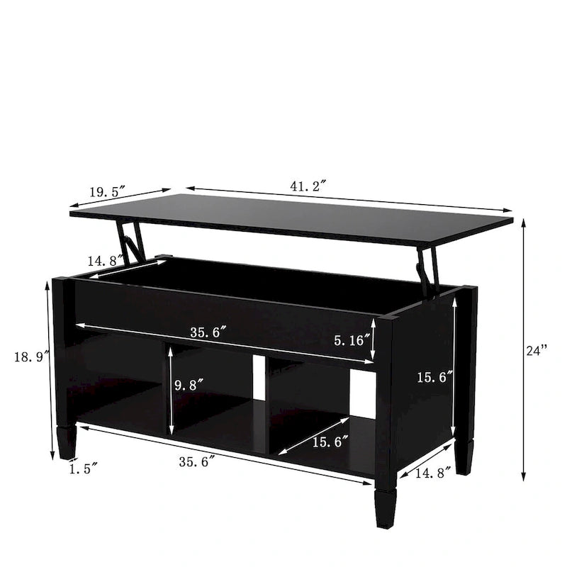 Table basse relevable noire avec rangement dissimulé et design moderne pour salon
