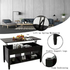 Table basse relevable noire avec rangement dissimulé et design moderne pour salon