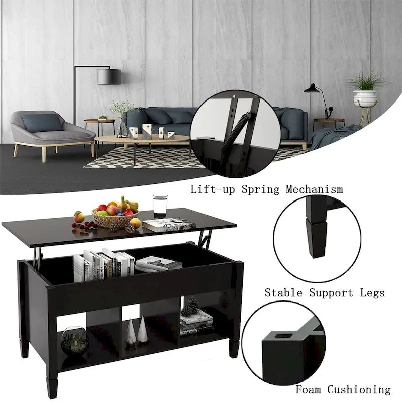 Table basse relevable noire avec rangement dissimulé et design moderne pour salon