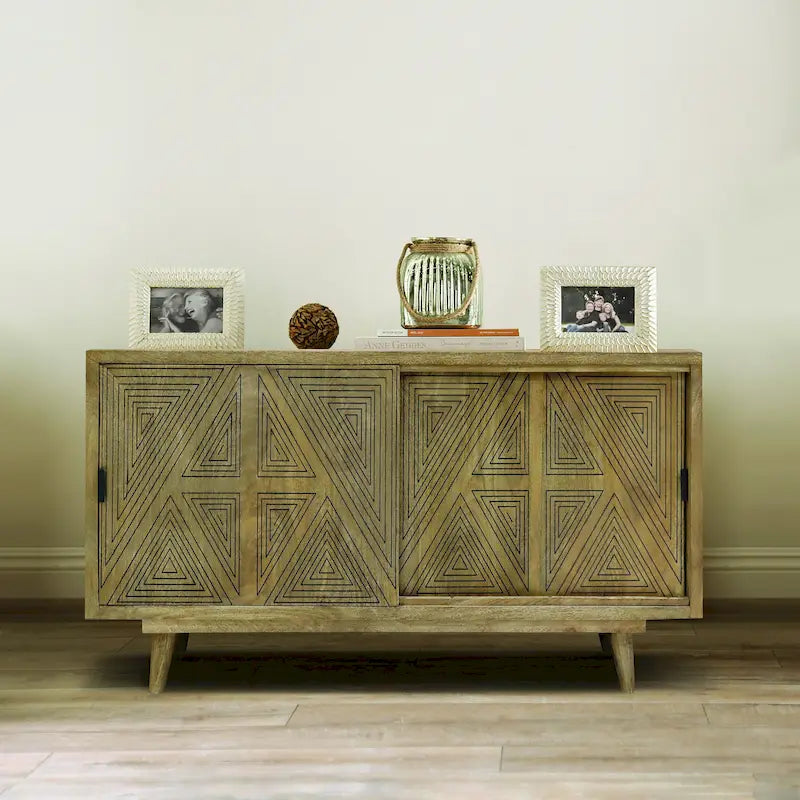 Buffet en bois massif à 2 étagères, style Mid-Century Modern