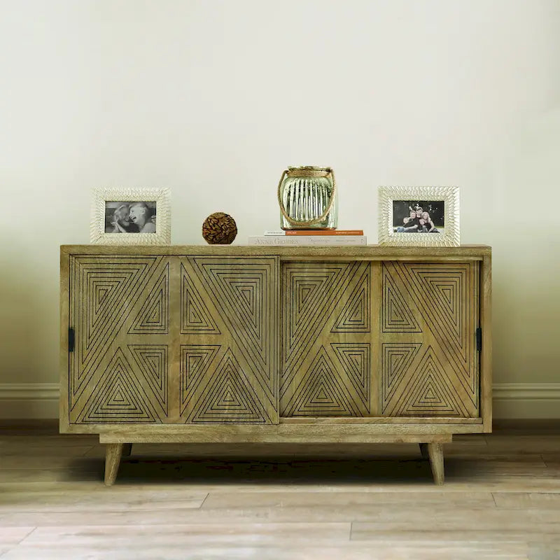 Buffet en bois massif à 2 étagères, style Mid-Century Modern