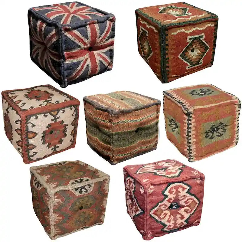 Pouf Kilim fait main en jute et laine d'Inde