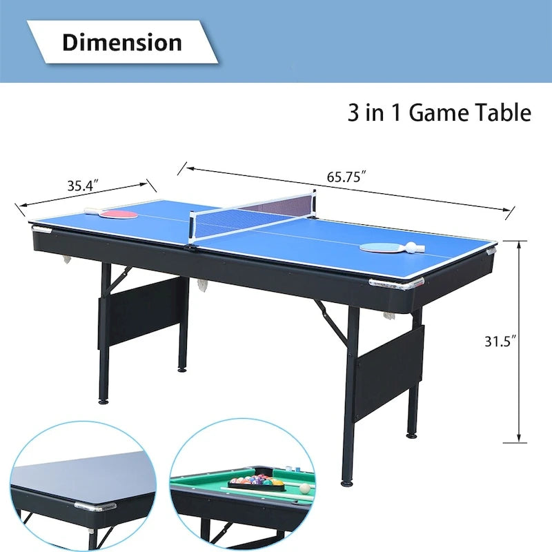 65.7 Tables de jeux portables 3-en-1, Billard, Tennis de table, Plateau de table pour la maison - S.O.
